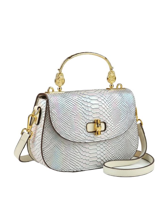 Women's Retro Evening Handbag Snake Pattern Top Handle Satchel Genuine Leather Small Tote Crossbody Bag