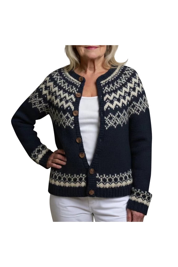 Women's Retro Fair Isle Knitted Cardigan - Nordic Argyle Button-Up Long Sleeve Sweater, Soft Lightweight Fall Winter Vintage Layering Knitwear