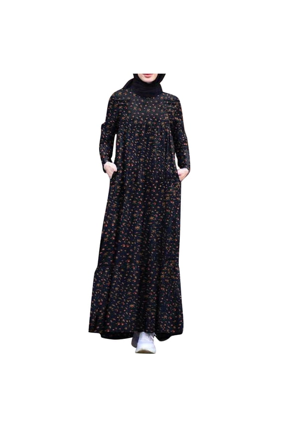 Women's Retro Fashion Layer Printed Back Zipper Cotton And Linen Dress
