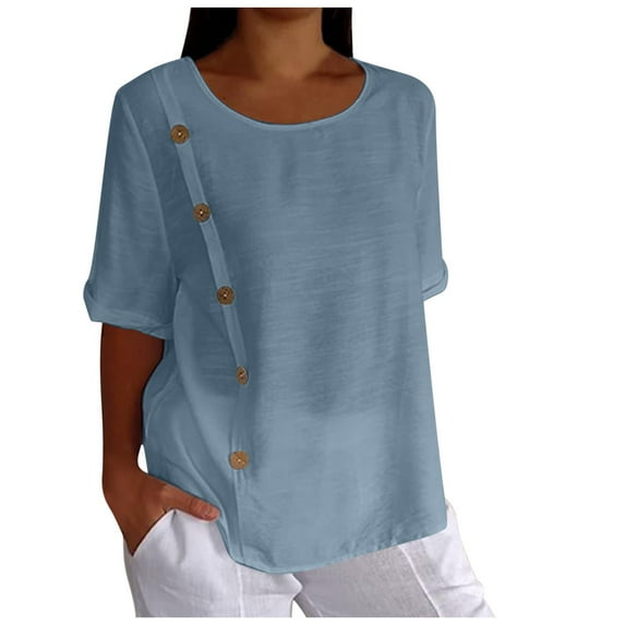 Women's Retro Fashion Solid Color Casual Loose Fit Summer Short Sleeve Side Button T-Shirt Comfortable Breathable Top