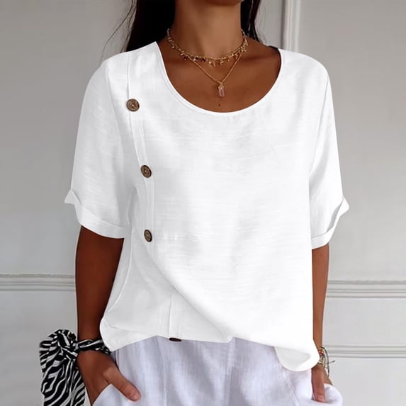 Women's Retro Fashion Solid Color Loose Casual Shirt Summer Short Sleeved Side Button T Shirt Tops Apparel T Womens Striped Tee Shirts Short Sleeve Workout Shirts Loose Womens Tops Short Sleeve Loose