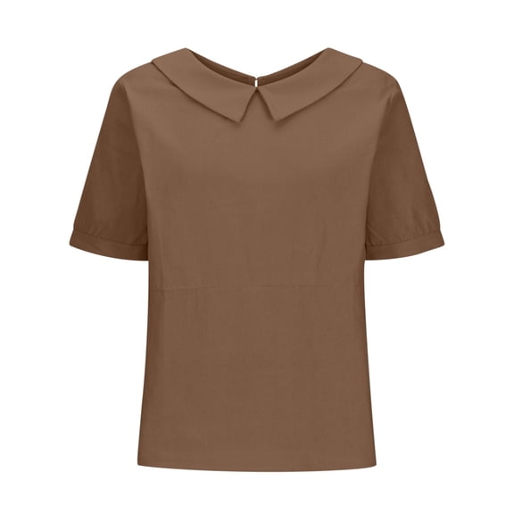 Women's Retro Fashion Solid Color Loose Casual Turndown Neck Shirt Short Sleeved T Shirt Tops