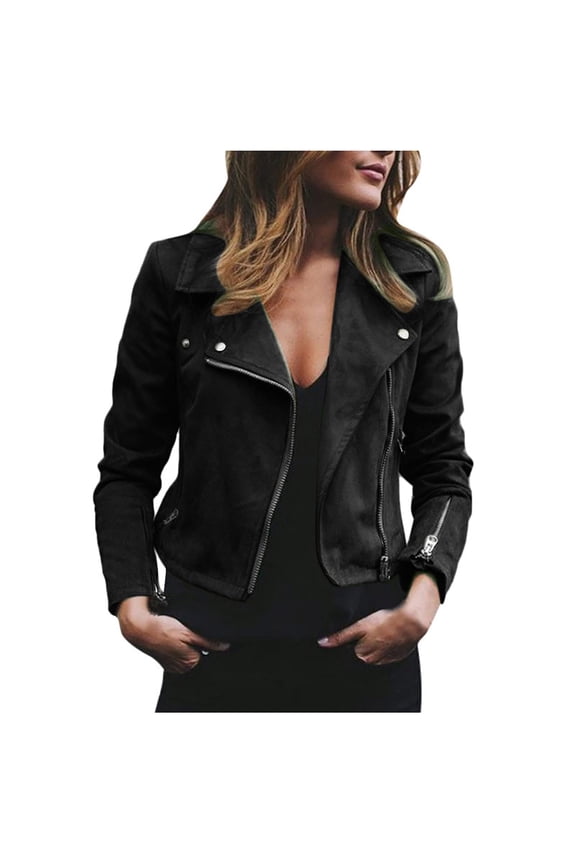 Women's Retro Faux Leather Biker Jacket - Zip Up Short Motorcycle Coat with Pockets, Solid Color, Black, Size XXL