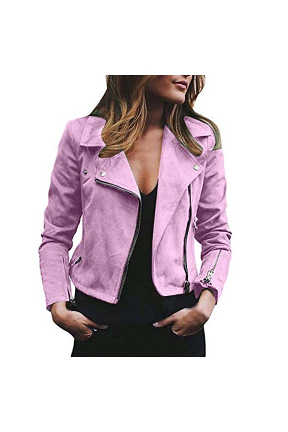 Women's Retro Faux Leather Biker Jacket - Zip Up Short Motorcycle Coat with Pockets, Solid Color, Fuchsia, Size S