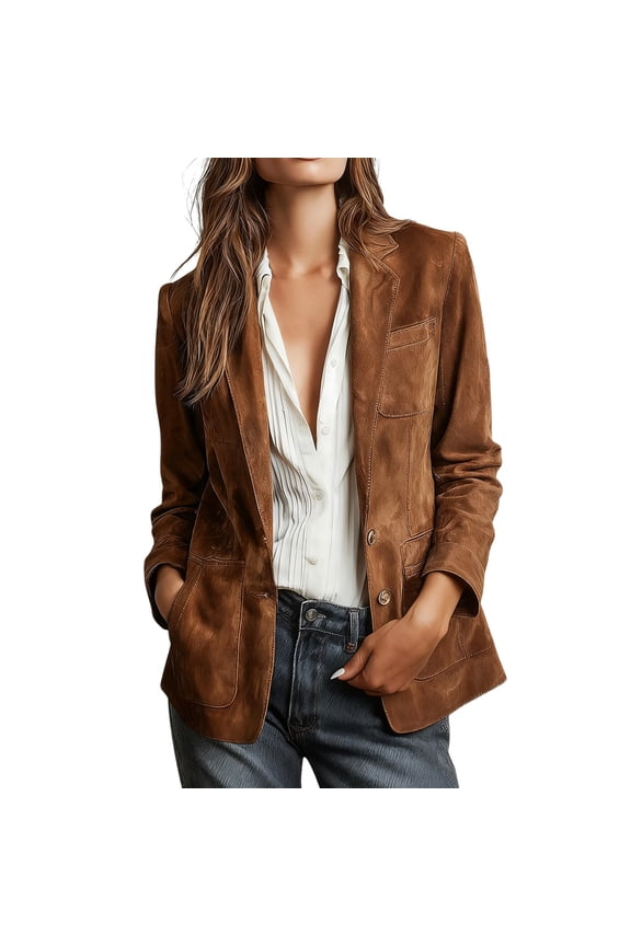 Women's Retro Faux Suede Leather Blazer Jacket Notched Collar Work Dressy Business Casual Coat