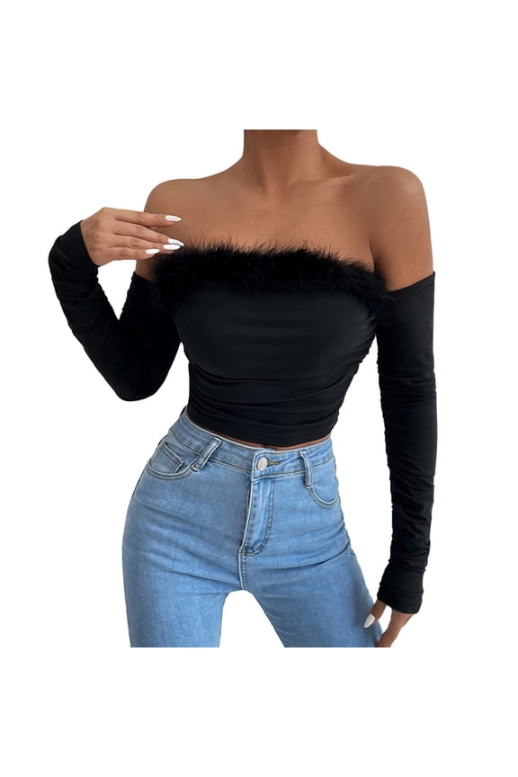 Women's Retro Feather Collar Shirt Long Sleeve Top Off Shoulder Slim Sexy Top