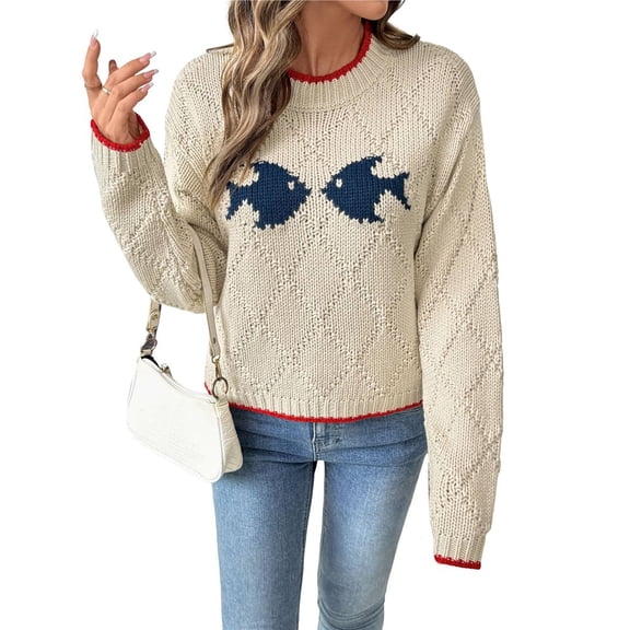 Women's Retro Fish Fall Sweater Long Sleeve Knitted Pullover Tops Color S