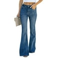 thumbnail image 1 of Women's Retro Flared Denim Pants, Slim Fit Stretch Jeans with Vintage Wash & Everyday Versatile Design,Blue XL, 1 of 5