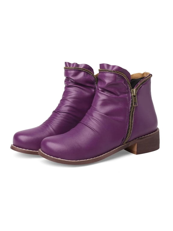 Women's Retro Flat Low Heel Dress Ankle Booties Round Toe Double Zipper Comfort Dressy Short Boots