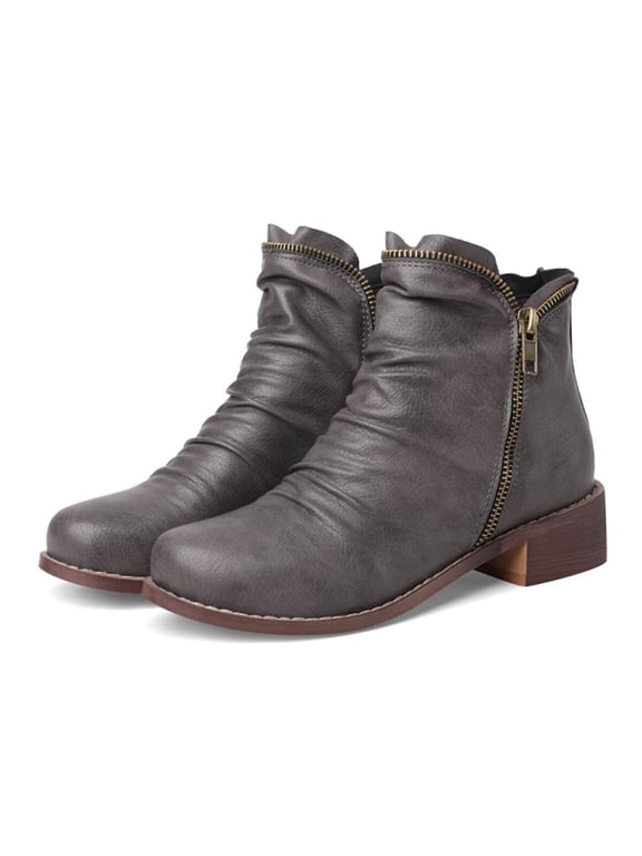 Women's Retro Flat Low Heel Dress Ankle Booties Round Toe Double Zipper Comfort Dressy Short Boots