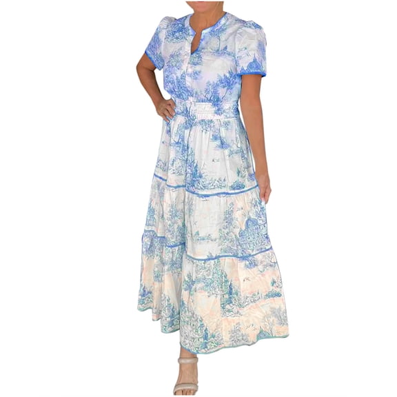 Women's Retro Floral Boho Dresses Casual Short Sleeve V Neck Tiered Ruffle Flowy Dress Summer Beach Maxi Sundress