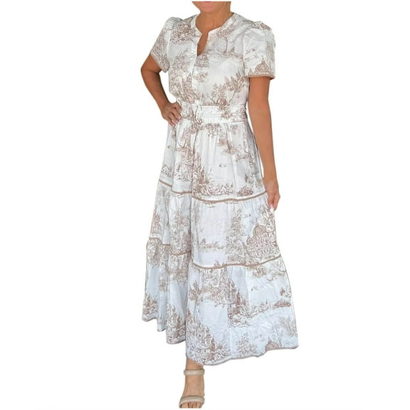 Women's Retro Floral Boho Dresses Casual Short Sleeve V Neck Tiered Ruffle Flowy Dress Summer Beach Maxi Sundress