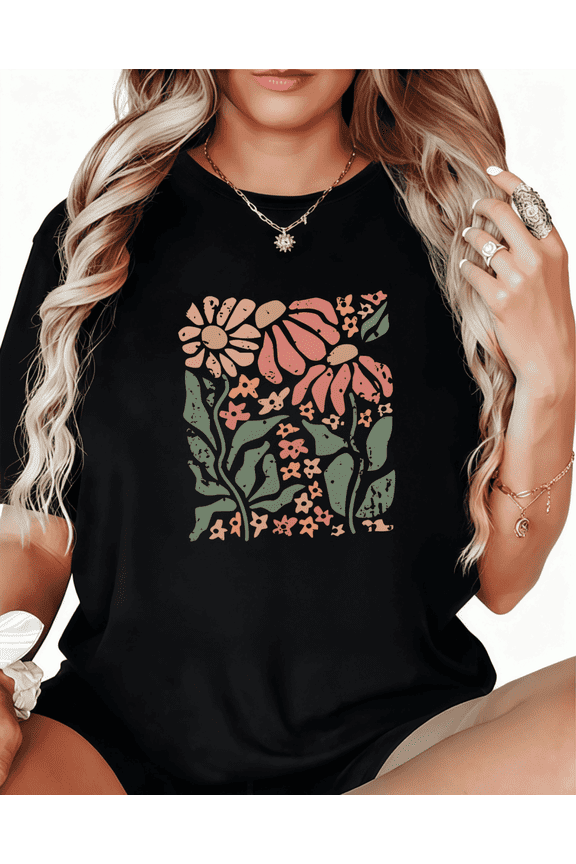 Women's Retro Floral Pattern Printed Crew Neck Cotton T Shirt Black S-5XL