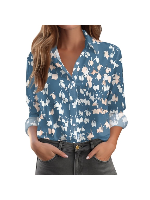 Women's Retro Floral Print Button-Down Shirt Collar Long Sleeve Relaxed Blouse - Dark Blue - M