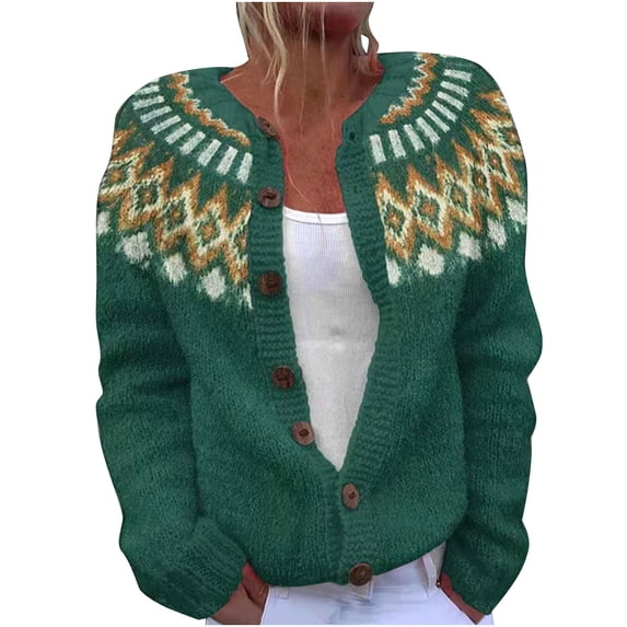 Women's Retro Floral Print Open Front Knit Cardigan Sweaters Winter Fall Casual Loose Button Down Long Sleeve Coats