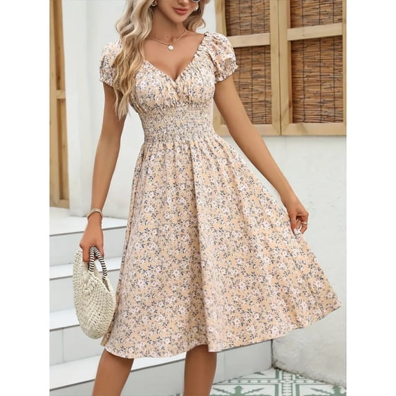 Women's Retro Floral Puff Sleeve Dress