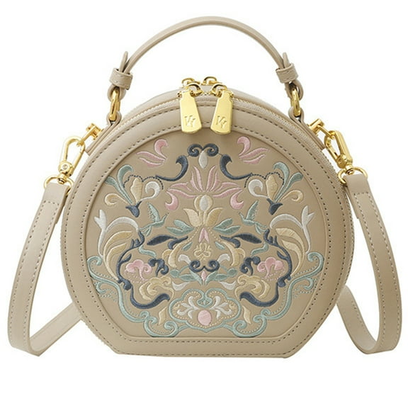 Women's Retro Flower Printing Handbags and Crossbody Bags, Female Purses Quilted Versatile Round Bags Satchel Bags