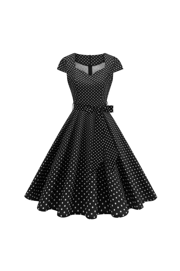 Women's Retro Formal Cocktail Party Dresses 1950s Cap Sleeve Polka Dot Belted Swing Dress for Wedding Church