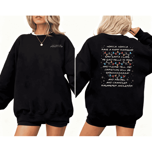 Women's Retro Friends Christmas Song Double-sided Light Graphic Cotton Round-neck Long-sleeved Sweatshirt Black S-3XL