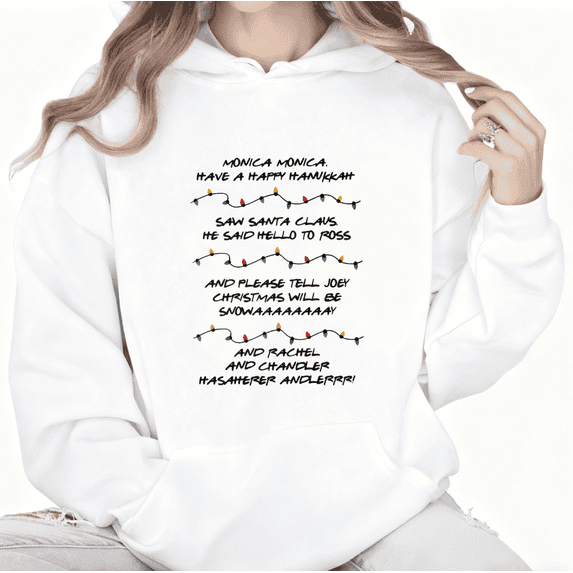 Women's Retro Friends Christmas Song Graphic Cotton Hooded Long-Sleeved Sweatshirt White S-2XL