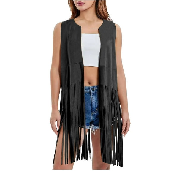 Women's Retro Fringe Vest 60s 70s Hippie Sleeveless Oper Front Cardigan Western Faux Suede Tassel Leather Jacket