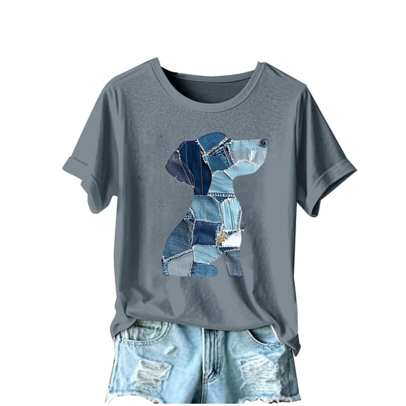 Women's Retro Funny Denim Patch Art Dog Print Dog Lover Crew Neck Loose Fit Short Sleeve Shirts