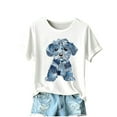 thumbnail image 1 of Women's Retro Funny Denim Patch Art Dog Print Dog Lover Crew Neck Loose Fit Short Sleeve Shirts, 1 of 3