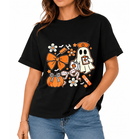 Women's Retro Ghost Pumpkin Bow Halloween Graphic T-Shirt, Fall Party Casual Short Sleeve Tee