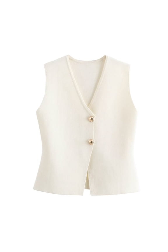 Women's Retro Gold Button Knit Vest V-Neck Sleeveless Pullover Crop Sweater Tank Top Ribbed Textured Stretch Basic for Layering Fall Fashion