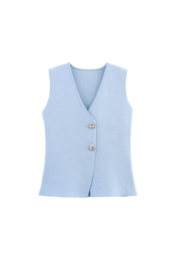 Women's Retro Gold Button Knit Vest V-Neck Sleeveless Pullover Crop Sweater Tank Top Ribbed Textured Stretch Basic for Layering Fall Fashion