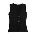 thumbnail image 1 of Women's Retro Gold Button Knit Vest V-Neck Sleeveless Pullover Crop Sweater Tank Top Ribbed Textured Stretch Basic for Layering Fall Fashion, 1 of 2