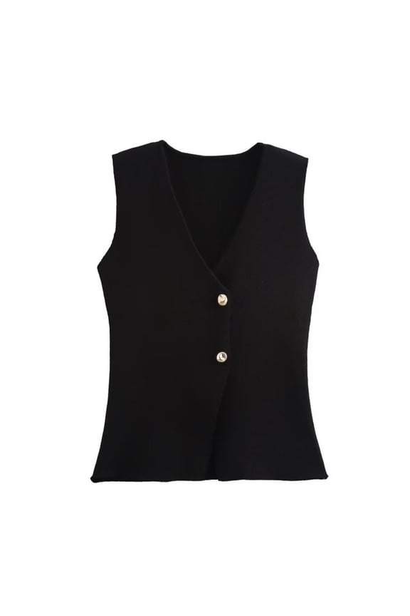 Women's Retro Gold Button Knit Vest V-Neck Sleeveless Pullover Crop Sweater Tank Top Ribbed Textured Stretch Basic for Layering Fall Fashion