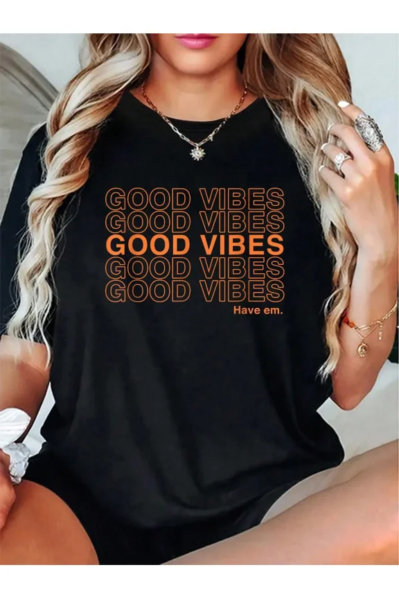 Women's Retro Good Vibes Graphic T-Shirt - Positive Quote Orange Typography Black Short Sleeve Casual Summer Fashion Tee