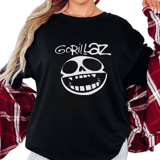 Women's Retro Gorillaz Band Smiling Skull Logo Alternative Music Fan Vintage Graphic Short Sleeve Round Neck Top Black S-5XL