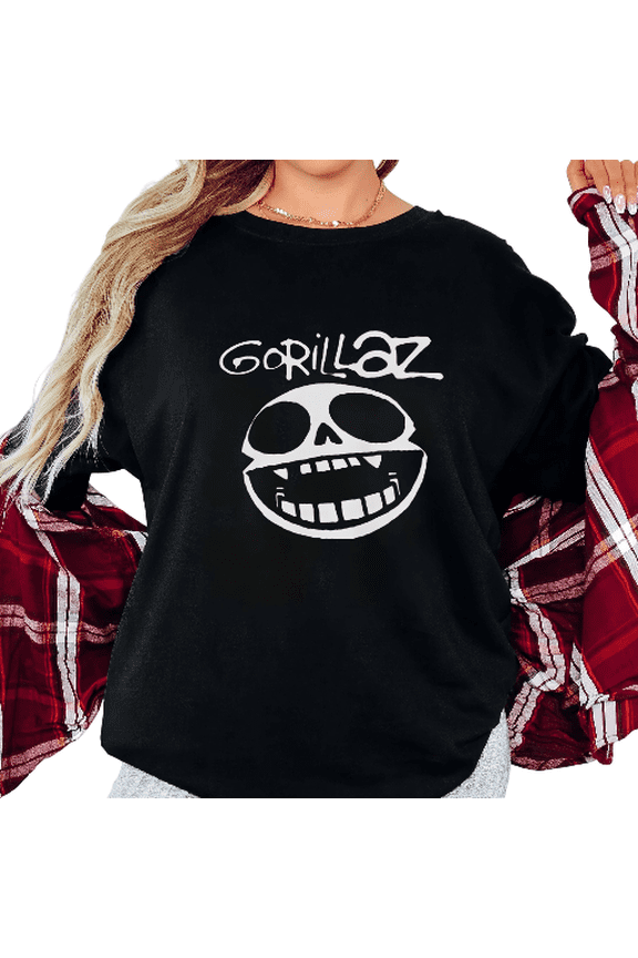 Women's Retro Gorillaz Band Smiling Skull Logo Alternative Music Fan Vintage Graphic Short Sleeve Round Neck Top Black S-5XL