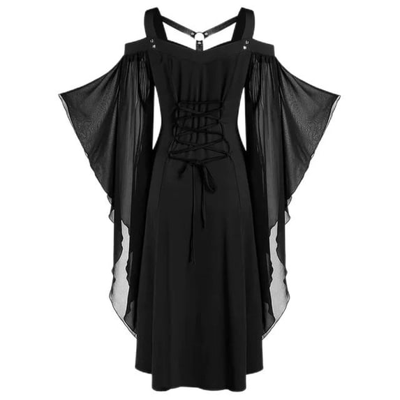 Women's Retro Gothic Dress Vintage Off Shoulder Lace Up Costume Spring Women's Dress Party Performance Robe-Black-4XL