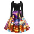thumbnail image 1 of Women's Retro Halloween Evening Midi Dress, Square Neck High Waist Fit Flare Dress, Cat Pumpkin Print Flared Skirt Vintage Costume for Autumn Halloween Events Purple Pink B 2XL, 1 of 2