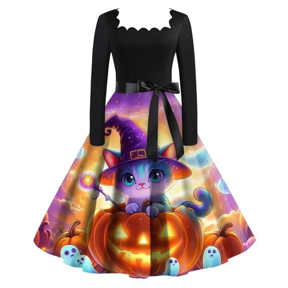 Women's Retro Halloween Evening Midi Dress, Square Neck High Waist Fit Flare Dress, Cat Pumpkin Print Flared Skirt Vintage Costume for Autumn Halloween Events Purple Pink B 2XL