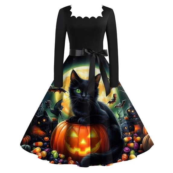 Women's Retro Halloween Evening Midi Dress, Square Neck High Waist Fit Flare Dress, Cat Pumpkin Print Flared Skirt Vintage Costume for Autumn Halloween Events Orange B 5XL