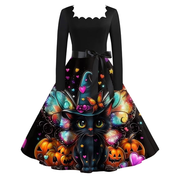 Women's Retro Halloween Evening Midi Dress, Square Neck High Waist Fit Flare Dress, Cat Pumpkin Print Flared Skirt Vintage Costume for Autumn Halloween Events Royal Blue B 5XL