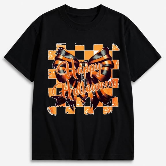 Women's Retro Happy Halloween Bow Graphic Halloween Shirt, Cute Spooky Graphic Short Sleeve T-Shirt