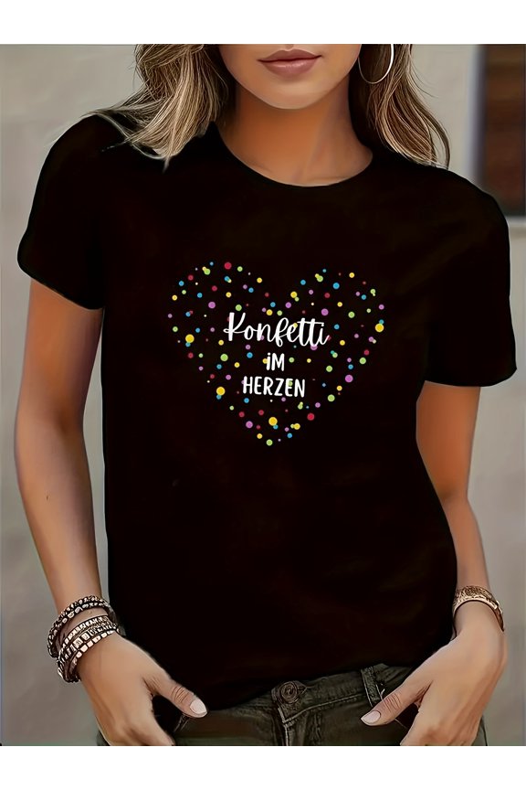 Women's Retro Heart Graphic T-Shirt Cute Colorful Confetti Print Casual Short Sleeve Black Tee Top Inspirational German Quote Apparel