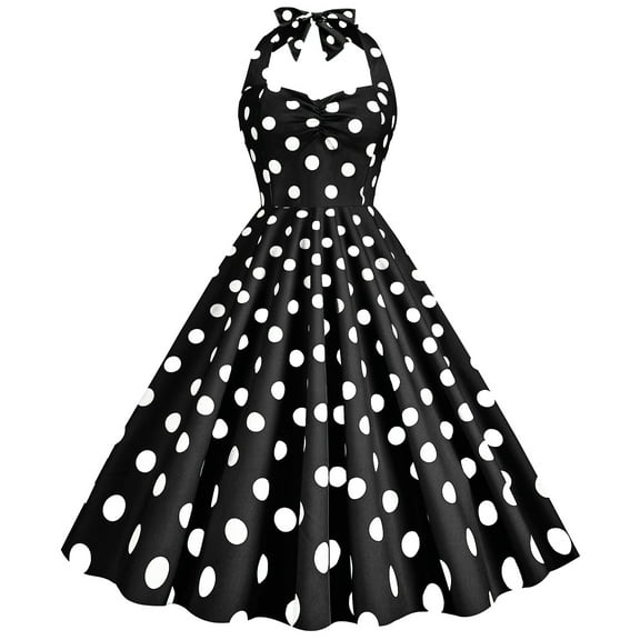 Women's Retro Hepburn Style Halter Polka Dot Full Skirt Dress Perfect for Making an Entrance at Cocktail Parties and Balls. Black XL