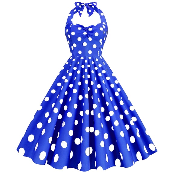 Women's Retro Hepburn Style Halter Polka Dot Full Skirt Dress Perfect for Making an Entrance at Cocktail Parties and Balls. Blue S