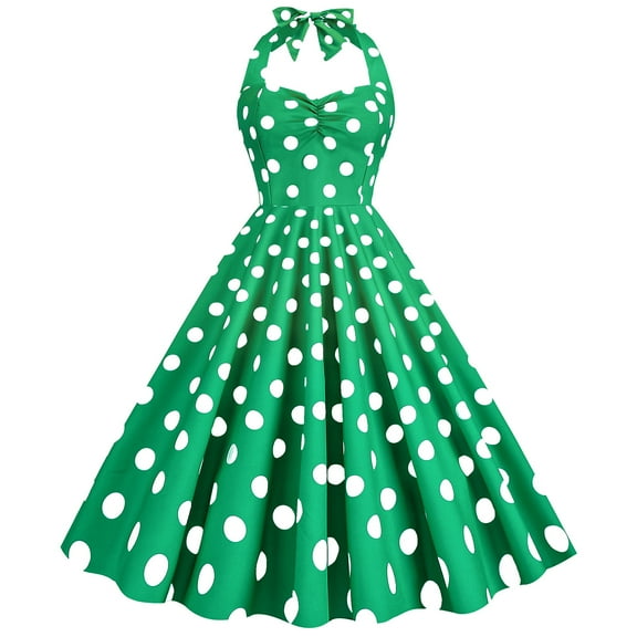 Women's Retro Hepburn Style Halter Polka Dot Full Skirt Dress Perfect for Making an Entrance at Cocktail Parties and Balls. Green XL