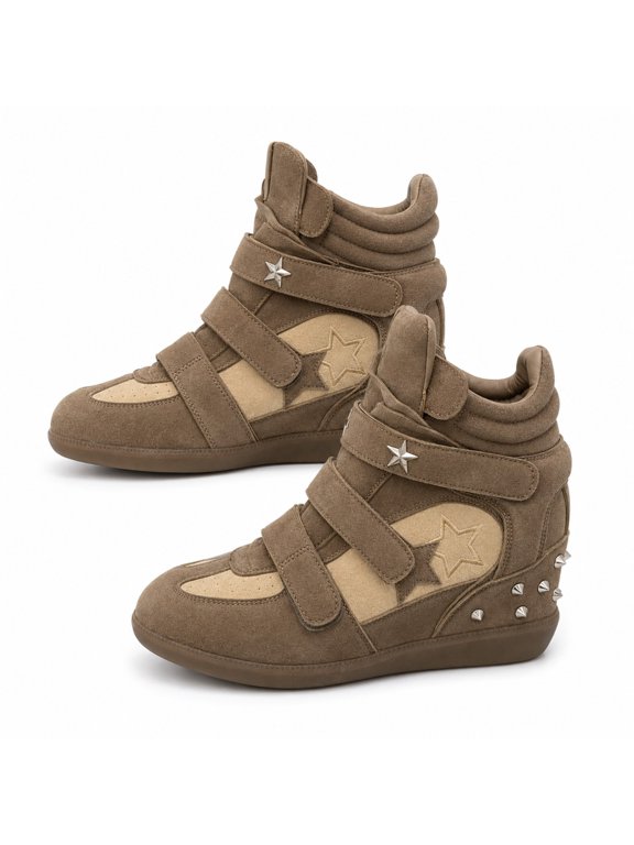 Women’s Retro High-Top Platform Sneakers, Studded Hook-and-Loop Wedge Shoes