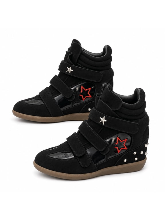 Women’s Retro High-Top Platform Sneakers, Studded Hook-and-Loop Wedge Shoes