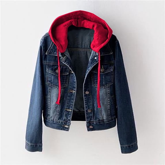 Women's Retro Hooded Denim Jacket Button Up Long Sleeve Loose Lapel Washed Denim Shacket Coat Dark Blue M