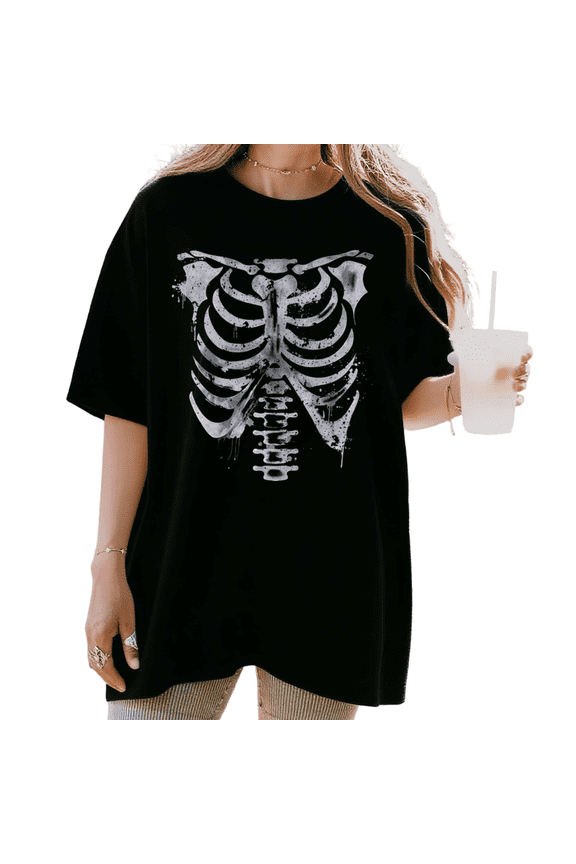 Women's Retro Ink Splatter Skeleton Ribcage Graphic Tee Gothic Halloween Short Sleeve Round Neck Top Black S-5XL