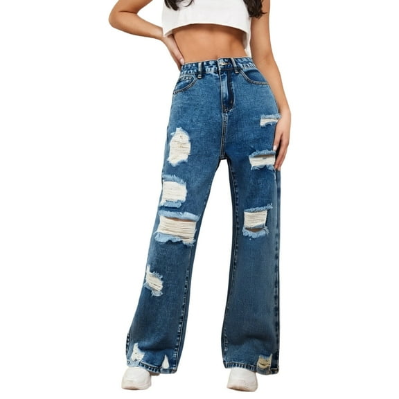 Women's Retro Jeans Straight Wide Leg Stretchy Ripped High Elastic Waisted Pull on Pants Trendy Baggy Loose Denim Pants
